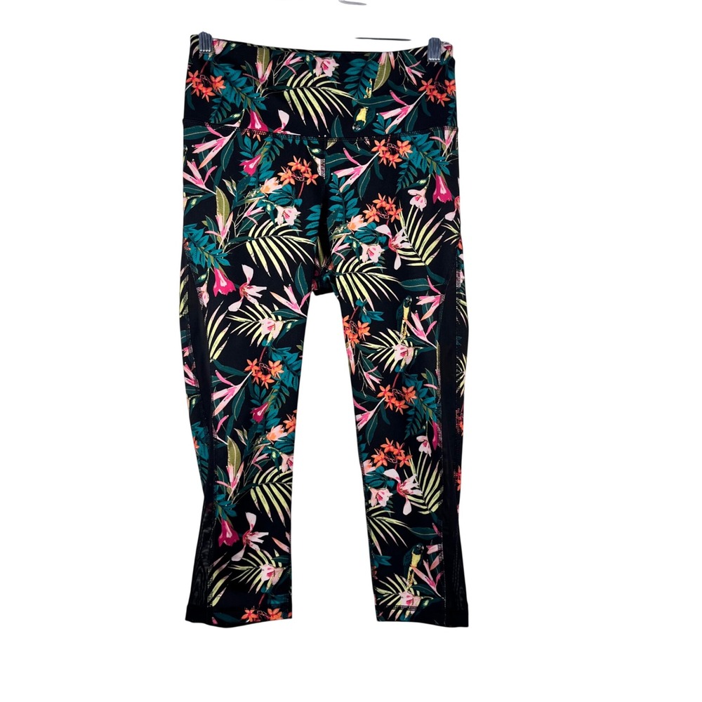 Old Navy Active Leggings Women's Black Tropical Floral Mesh Capri Size‎ M